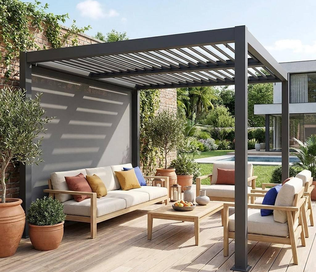 A louvred aluminium pergola over a timber deck, its blades part-open and casting banded shade across the seating below.